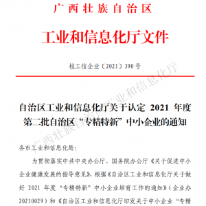 以恒心立恒業，我司獲得廣西“專精特新”企業認定